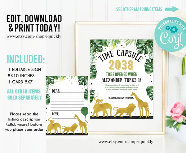 EDITABLE Jungle Time Capsule Matching Note Cards, First Birthday Safari, Wild One, 1st Birthday Time Capsule Instant download Printable