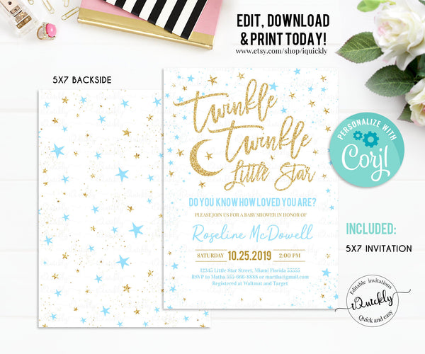 EDITABLE Twinkle Twinkle Little Star Baby Shower Invitation Set, Boy Shower package, Blue and Gold Pack, Instant Download Template Digital