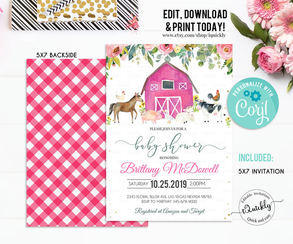Farm Baby Shower Invitation Girl, Editable Pink Farm Animals Baby shower Invites, Girl Baby shower Invitations, Instant Download Template