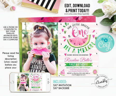 Editable Watermelon Invitation, One in a Melon First Birthday invitations, Pink Watermelon Party invite Instant download Printable digital 2