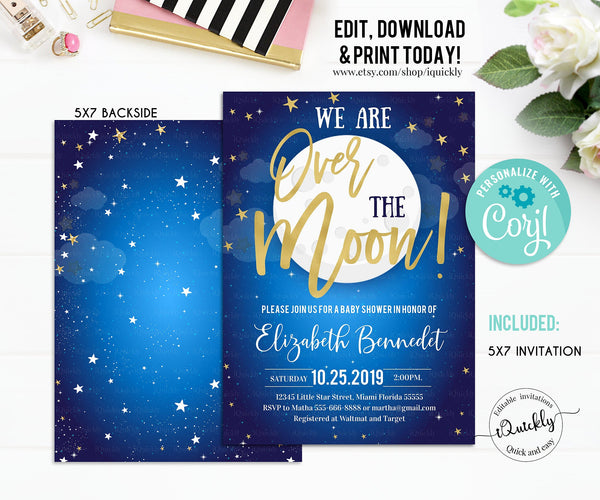 Moon and Star Baby Shower invitation EDITABLE, Over the Moon Invites, Space themed Invitations, Galaxy Instant download Printable Template