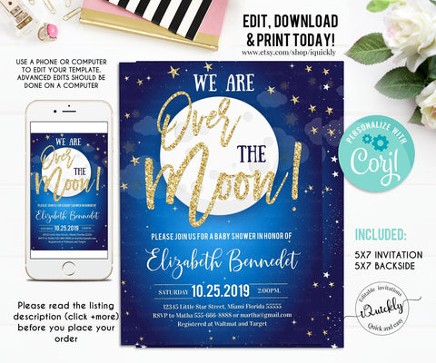EDITABLE Moon and Star Baby Shower invitation, Over the Moon Invites, Space themed Invitations, Galaxy Instant download Printable Template