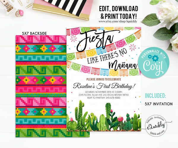 Fiesta Birthday Invitation, Editable Cinco de Mayo, Cactus invites, Mexican Party First Birthday, Instant Download Template Digital