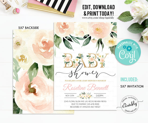 Editable Baby Shower Invitation, Floral Invitations, Greenery Baby Shower Invites, Pink Cream Flower, Instant download Template Printable