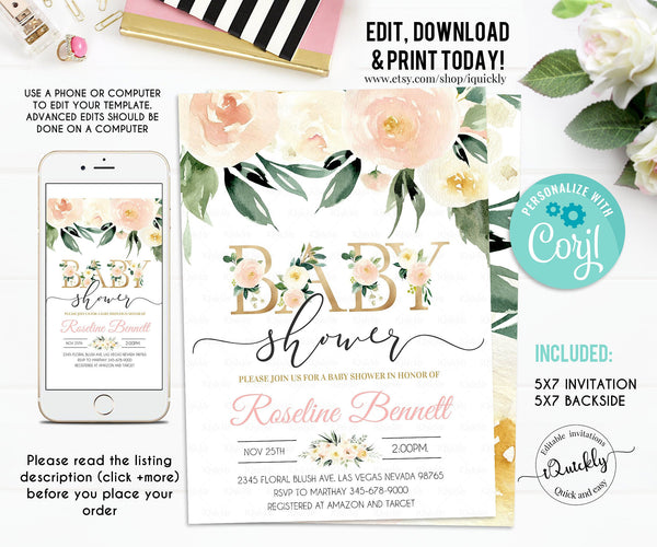 Editable Baby Shower Invitation, Floral Invitations, Greenery Baby Shower Invites, Pink Cream Flower, Instant download Template Printable