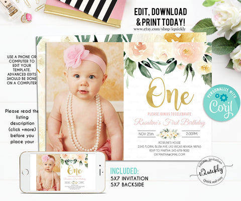 EDITABLE Floral Greenery Baby's First Birthday Party Invitation, Printable 1st Birthday Photo Invite Template Boho Girl One Instant download