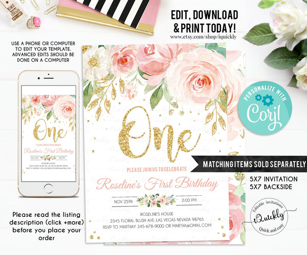 EDITABLE Blush Pink Floral Banner, Birthday Banner, Printable 1st Birthday buting banner, Baby Shower Template, Boho Girl, Instant download