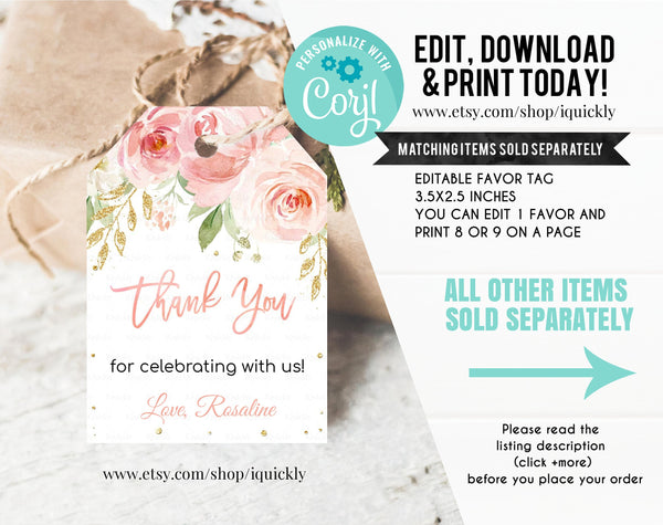 EDITABLE Blush Pink Floral Banner, Birthday Banner, Printable 1st Birthday buting banner, Baby Shower Template, Boho Girl, Instant download