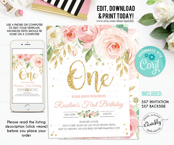 EDITABLE Blush Pink Floral Party package, Printable Decorations, 1st Birthday Invitation Set Template, Boho Girl, Instant download Digital
