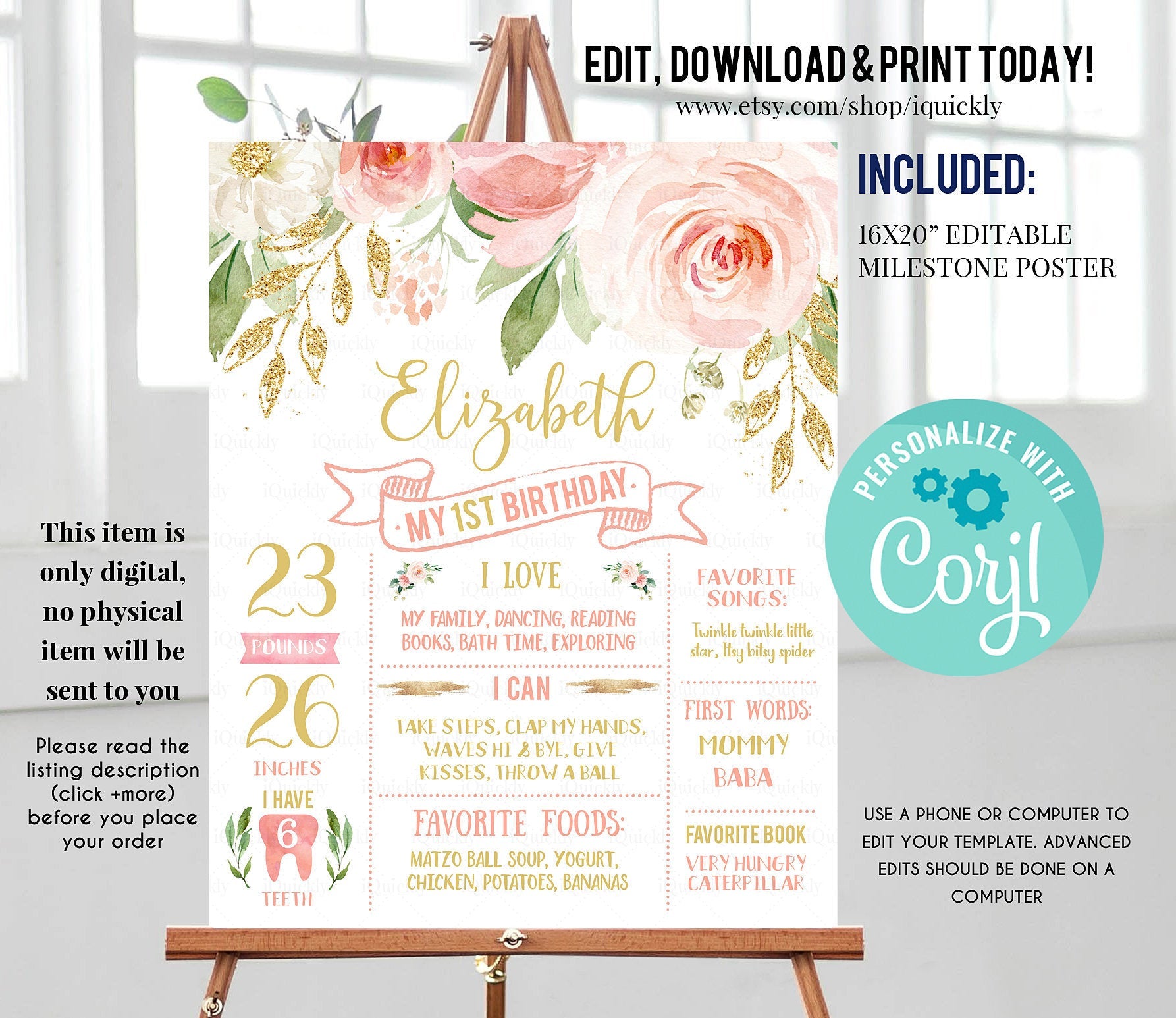 Floral Blush Milestone Birthday Poster, EDITABLE First Birthday Chalkboard sign, Pink and gold 1st birthday poster Instant download template