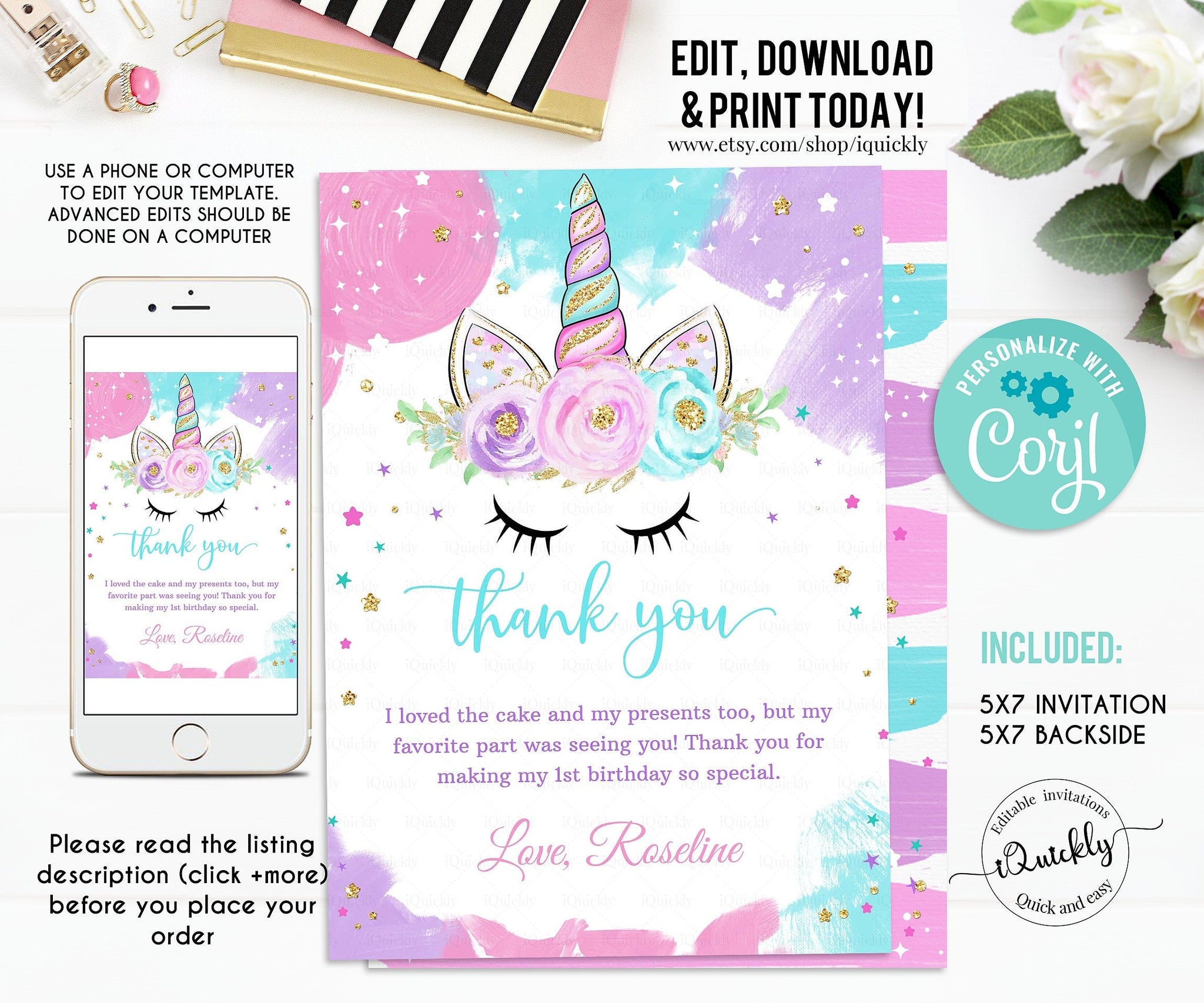 Unicorn Thank you card, EDITABLE Magical unicorn First Birthday Note card, Printable 1st Birthday Invite Template, Girl, Instant download