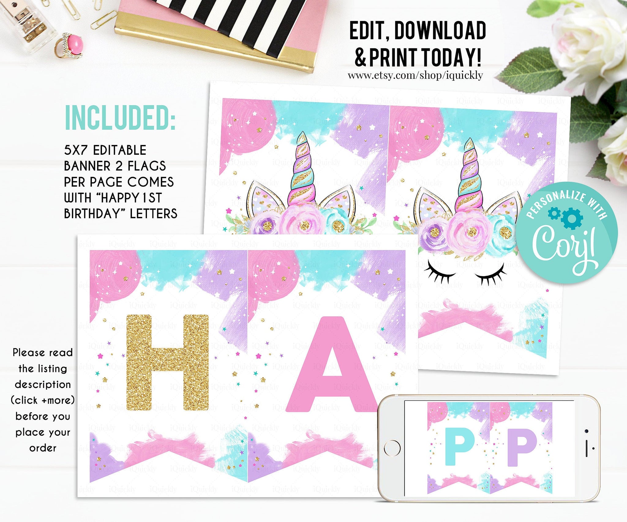 EDITABLE Unicorn Banner, Happy Birthday Banner, Printable 1st Birthday buting banner, Baby Shower Template, Boho Girl, Instant download