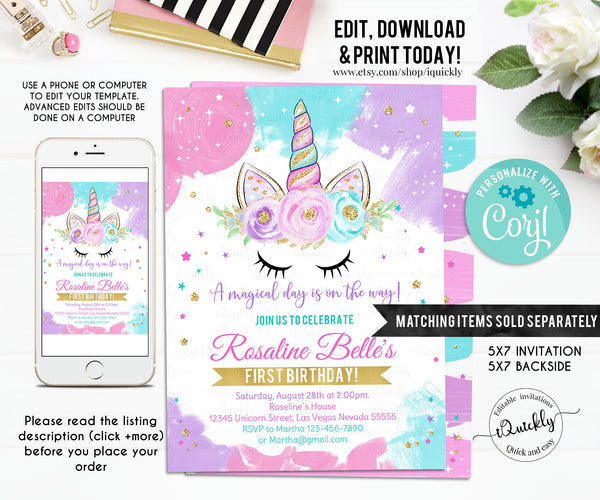 EDITABLE Unicorn Banner, Happy Birthday Banner, Printable 1st Birthday buting banner, Baby Shower Template, Boho Girl, Instant download