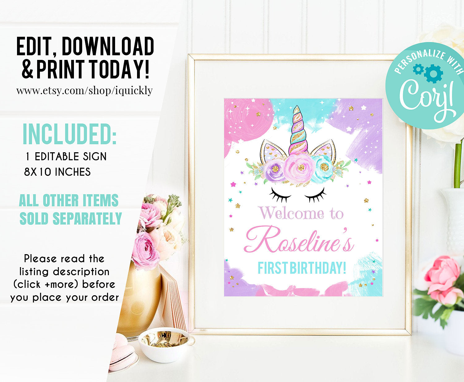 Unicorn Welcome sign, EDITABLE Unicorn Party Sign, Unicorn Birthday, Magical Unicorn Sign, Girl gold Template Digital Instant Download