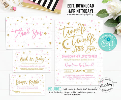 EDITABLE Twinkle Twinkle Little Star Baby Shower Invitation Set, Girl Shower package, Pink and Gold Pack, Instant Download Template Digital