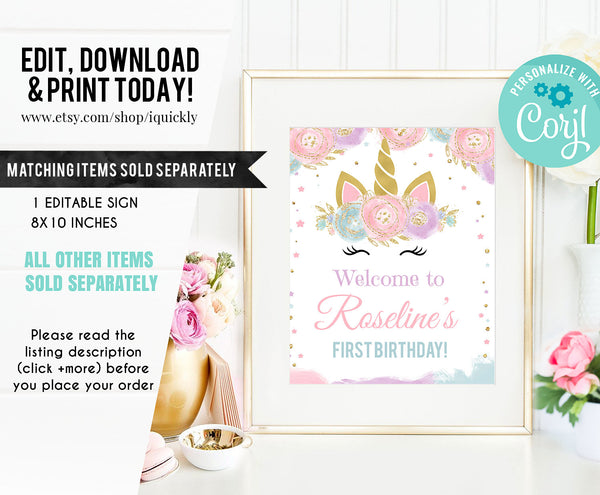 Editable Unicorn Welcome sign, Unicorn Party, Unicorn Birthday, Magical Unicorn Sign, Girl gold Template Digital Instant Download 2