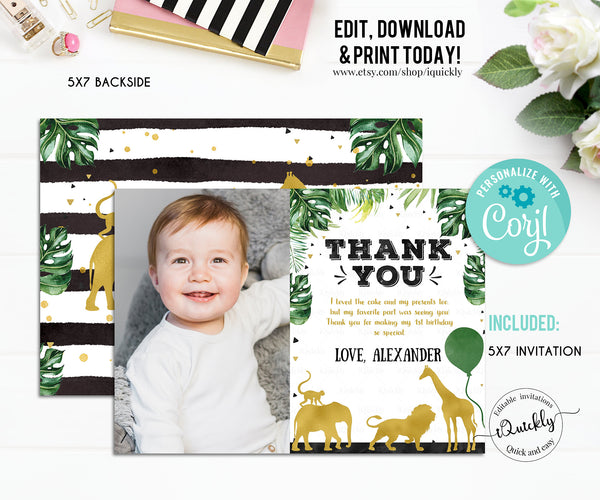 EDITABLE Jungle gold Photo Thank you card, Wild One Thank you Note Black and Gold Safari Animals Boy Instant Download Printable Template