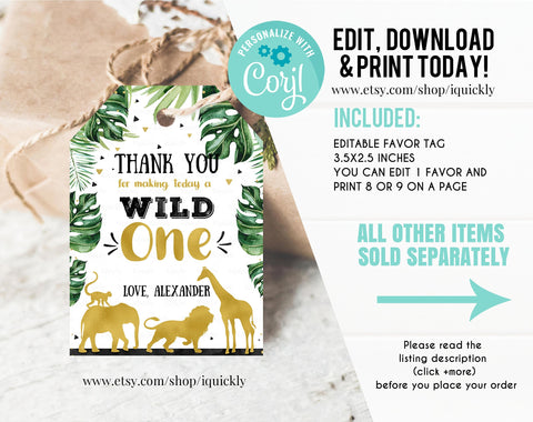 Wild One Favor tags, Editable Jungle Gold Thank you tags, Safari gift tags, Party animals favor Instant download Template Printable Corjl