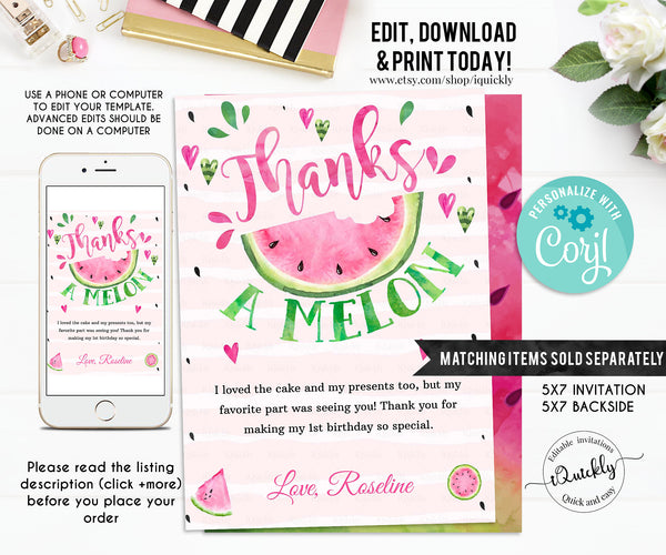 EDITABLE Watermelon favor tags, Thank you tags, Gift Tags, One in a Melon favor Printable Template, GIRL One Party favors Instant download
