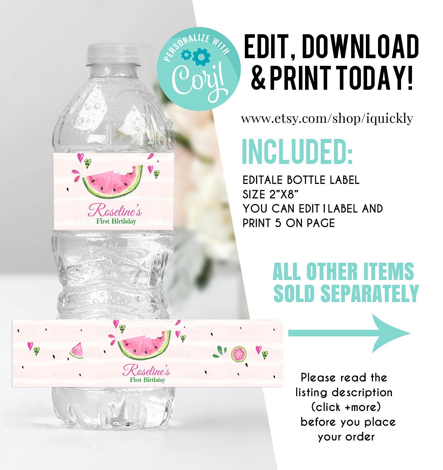 EDITABLE Watermelon Bottle Label, One in a melon Water labels Printable Birthday Template, Melons Girl One Party decor Instant download