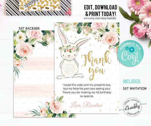 Bunny Thank you card, EDITABLE Some Bunny Thank you note, Pink Gold Bunny, Spring Floral Bunny Instant download Template
