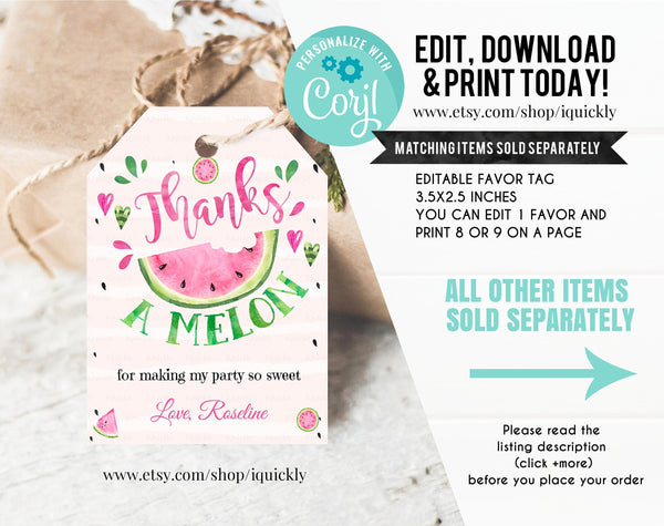 Editable Watermelon Invitation, One in a Melon First Birthday invitations, Pink Watermelon Party invite Instant download Printable digital