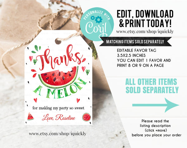 EDITABLE Watermelon Thank you card, Red One in a melon Note card, Watermelon Printable Template, Girl One Instant download