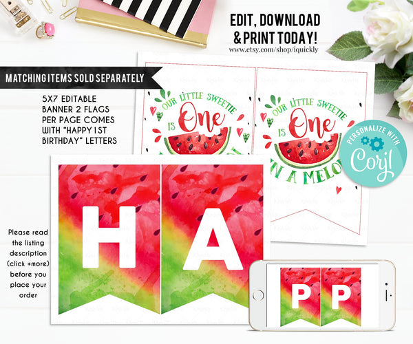 EDITABLE Watermelon Birthday Party Welcome sign, Red One in a melon Printable 1st Birthday Decorations Template, Girl One Instant download