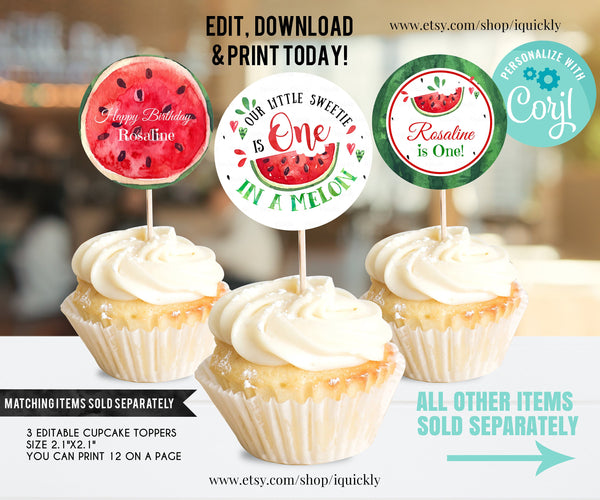 Editable Watermelon Invitation, Birthday Invitations, Red Watermelon Party, One in a Melon, 1st Birthday Instant download Printable Digital