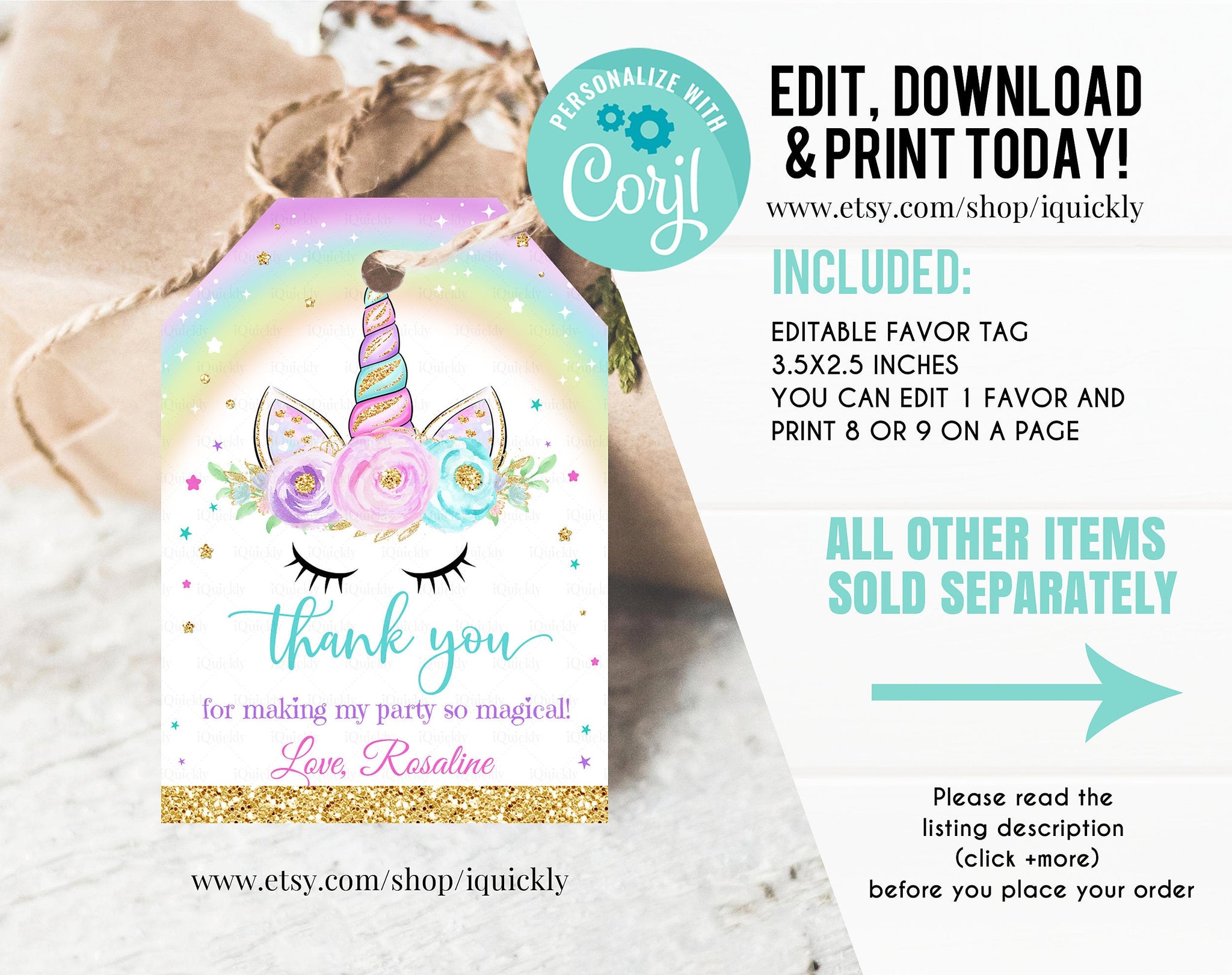 EDITABLE Unicorn favor tags, Thank you tags, Gift Tags, Unicorn Party favor Printable Template, Magical Unicorn GIRL One Instant download
