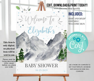 EDITABLE Adventure Begins Baby Shower Welcome Sign, Gender Neutral, Mountains Birthday sign, Boy Baby shower sign Digital Instant download