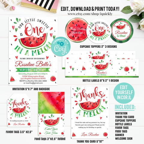 Editable Watermelon Party Package, Red One in a melon Party Decorations, Birthday Invitations Girl Invites Template Digital Instant Download