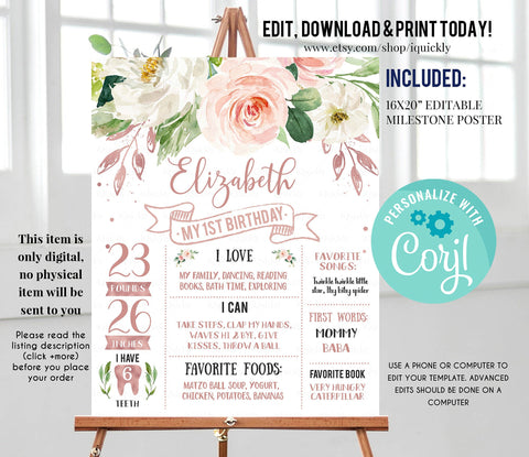 Rose Gold Floral Milestone Birthday Poster, EDITABLE First Birthday Chalkboard sign, Pink 1st birthday poster Instant download template