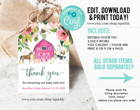 Farm Baby Shower Favor tags EDITABLE, Girl Farm animals Thank you tags, Gift tags farm Theme Invites Instant download Template