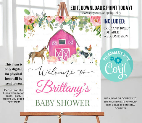 Farm Baby Shower Welcome Sign, EDITABLE, Pink Farm animals Birthday sign, Digital, Farm Theme Party decorations Instant download Template