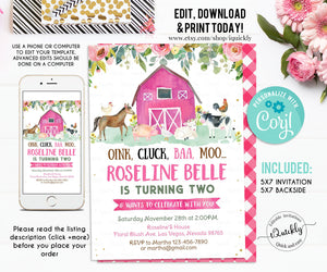 Editable Farm Birthday Invitation, Girl Barn Party Digital Invite Pink Farm Animals Barnyard Invitations INSTANT DOWNLOAD printable template
