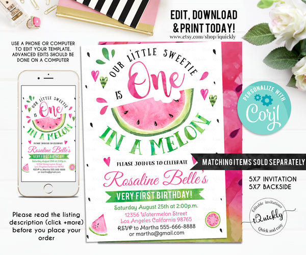 EDITABLE Watermelon favor tags, Thank you tags, Gift Tags, One in a Melon favor Printable Template, GIRL One Party favors Instant download