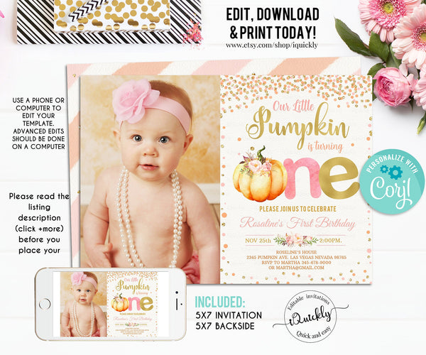 Editable Pumpkin First Birthday Invitation, Little pumpkin photo Invitations Girl Fall Autumn 1st Birthday Invites Instant download template