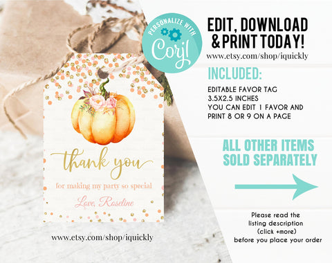 EDITABLE Pumpkin Favor tags, Thank you tags, Gift Tags, Baby shower favor Printable Template, Little pumpkin Fall Autumn Instant download