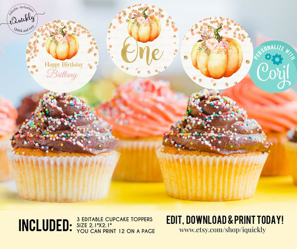 EDITABLE Pumpkin Cupcake Toppers, Little Pumpkin Girl Baby Shower Decorations, Fall Autumn Pink gold Cake toppers Instant download Printable