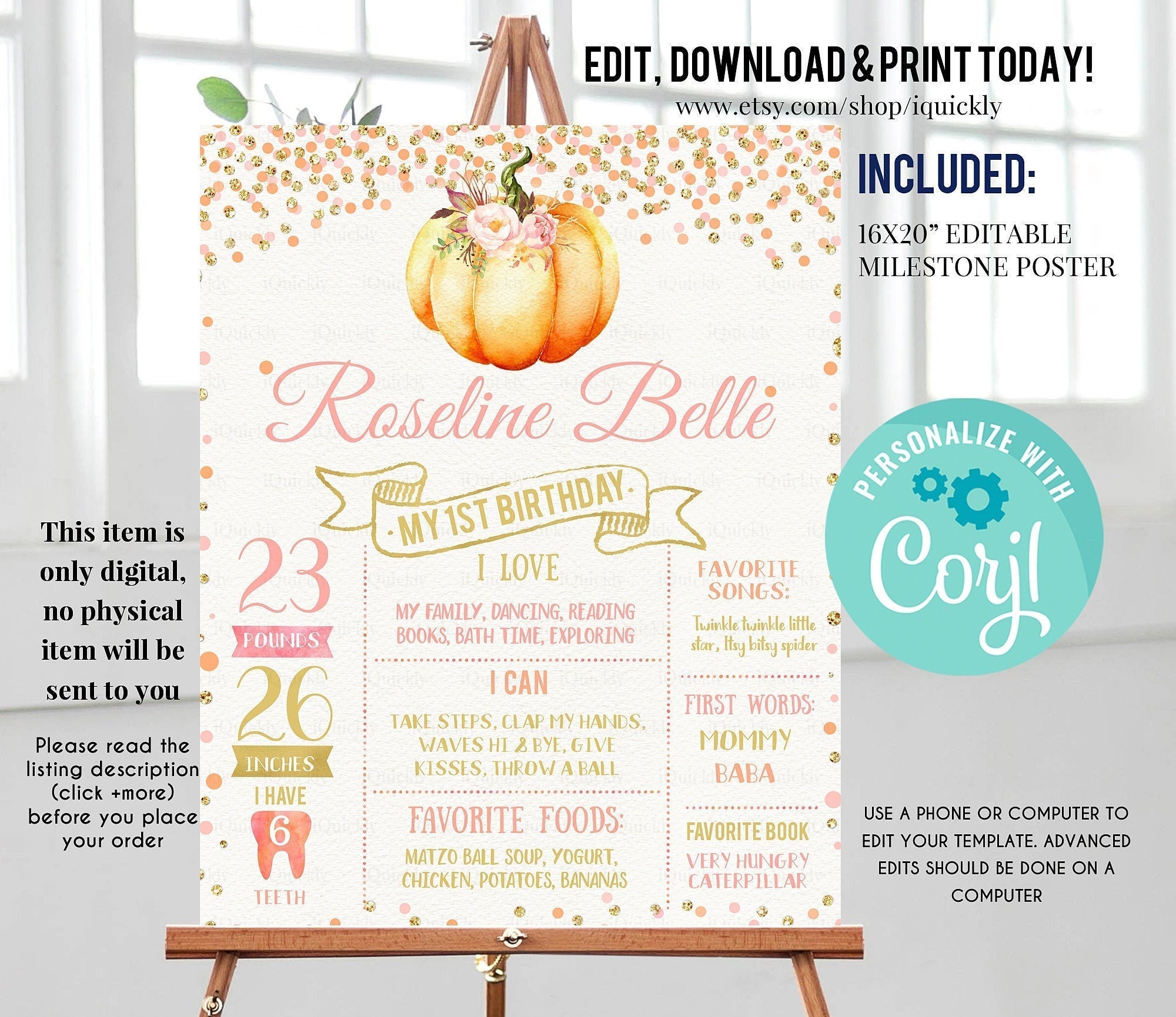 Pumpkin Milestone Birthday Poster, EDITABLE First Birthday Chalkboard sign, Fall Pink and gold 1st birthday poster Instant download template