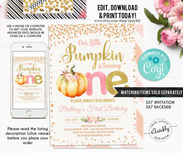 EDITABLE Pumpkin Time Capsule and Matching Note Cards, Little pumpkin Pink Gold 1st Birthday Time Capsule, Fall Autumn Instant download