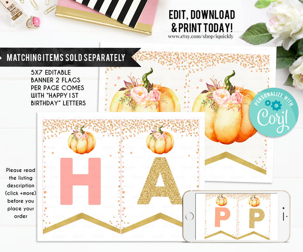 EDITABLE Pumpkin Time Capsule and Matching Note Cards, Little pumpkin Pink Gold 1st Birthday Time Capsule, Fall Autumn Instant download