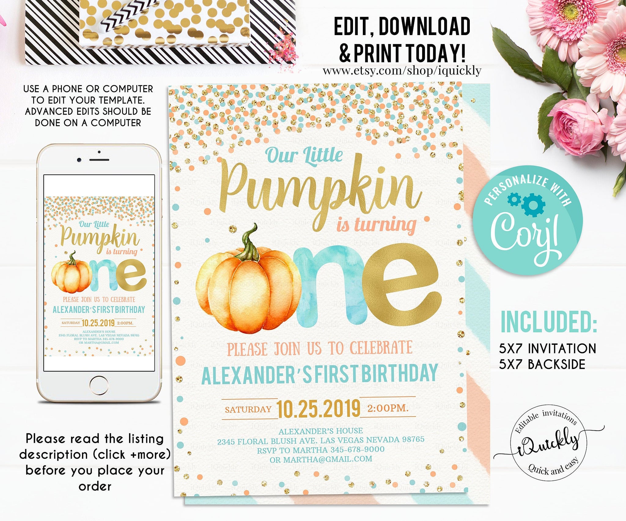 Editable Pumpkin First Birthday Invitation, Little pumpkin Invitations, Boy Fall Autumn 1st Birthday Invites Instant download template