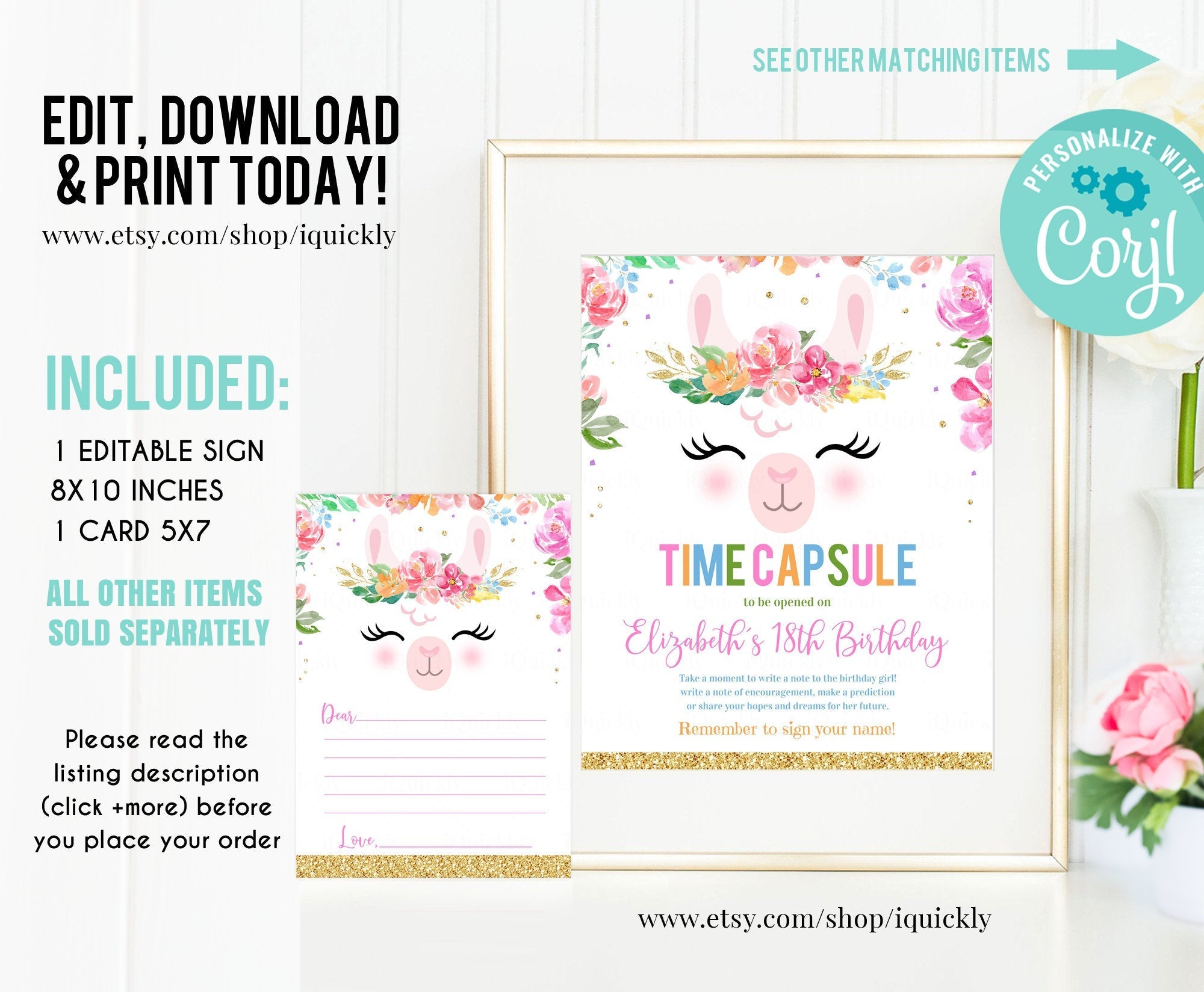 EDITABLE Llama Time Capsule, Llama Birthday Capsule card, Alpaca Cactus Fiesta First Birthday, 1st birthday party Instant download printable