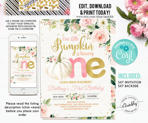 Editable Pumpkin First Birthday Invitation Pink and gold Little pumpkin Fall Autumn 1st Birthday Invites Instant download Printable template
