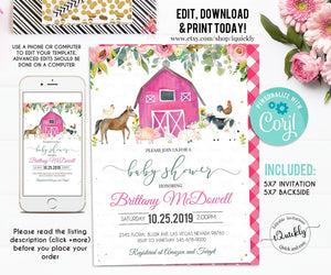 Farm Baby Shower Invitation Girl, Editable Pink Farm Animals Baby shower Invites, Girl Baby shower Invitations, Instant Download Template