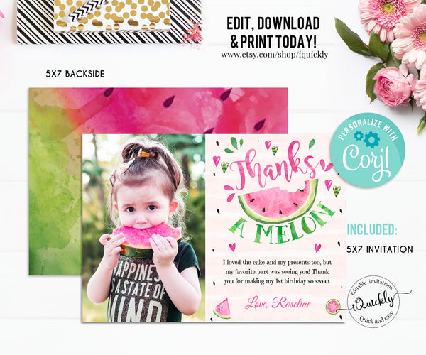 EDITABLE Watermelon Thank you card Photo, One in a melon Note card, Pink Watermelon Printable Template, Girl One Instant download