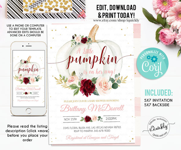 Little Pumpkin Baby Shower Invitation girl, EDITABLE Fall Baby Shower Invites, Burgundy fall Autumn Instant Download Template printable