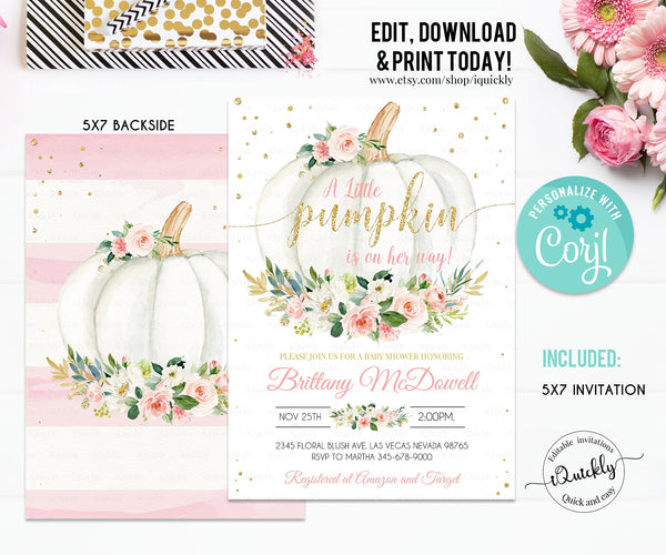 Pumpkin Baby Shower Invitation, EDITABLE Floral Pink and gold Girl White Pumpkin Baby Shower Invites, Fall, Autumn Instant Download Template